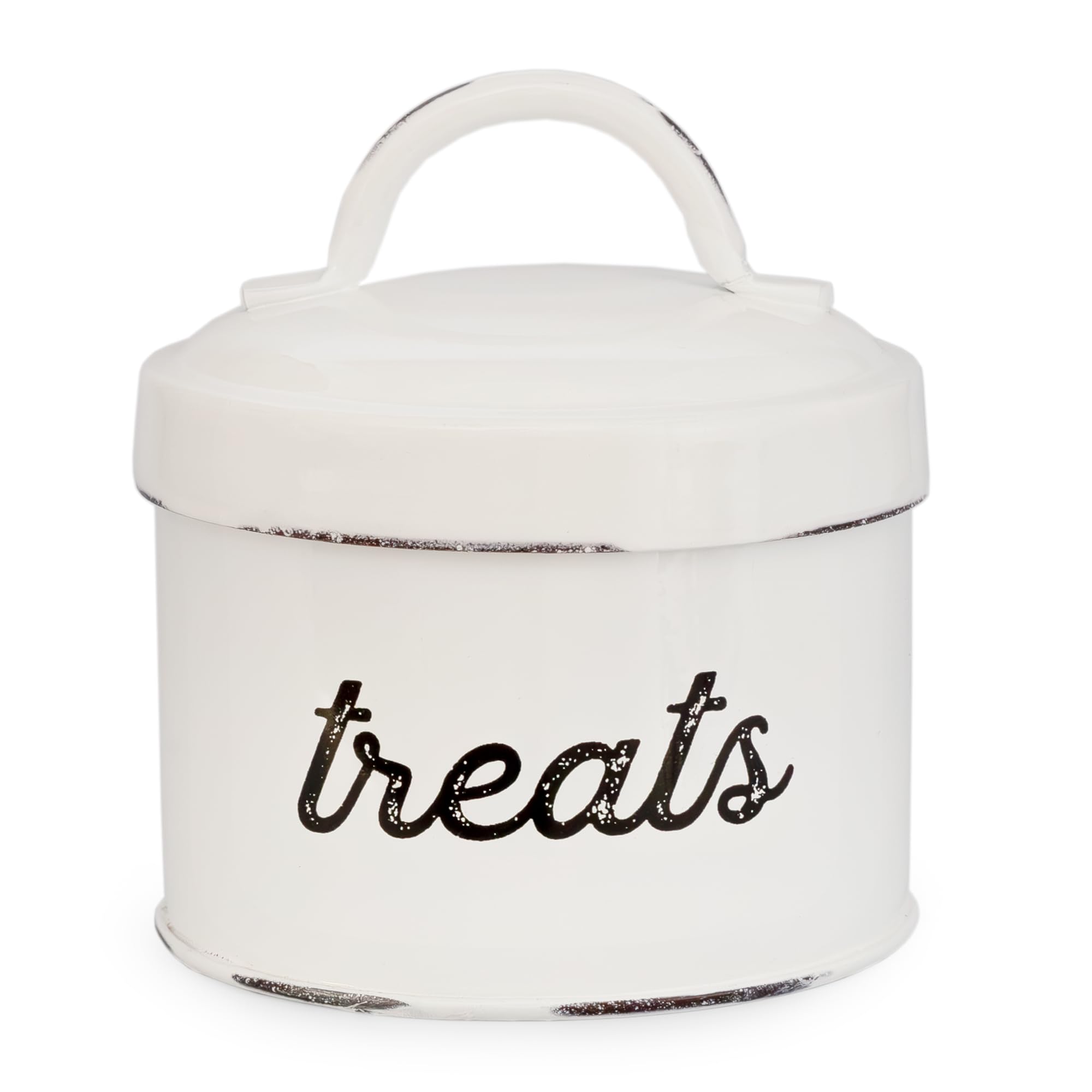 AuldHome enamelware cat treat container side view with compact counter storage.