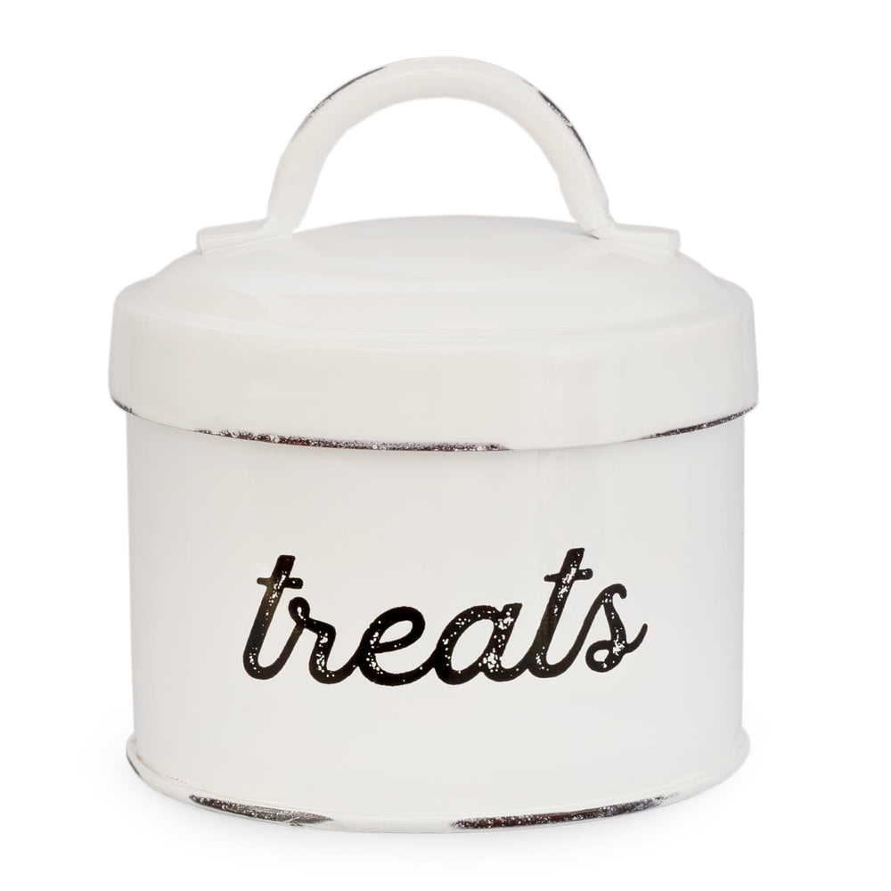AuldHome enamelware cat treat container side view with compact counter storage.