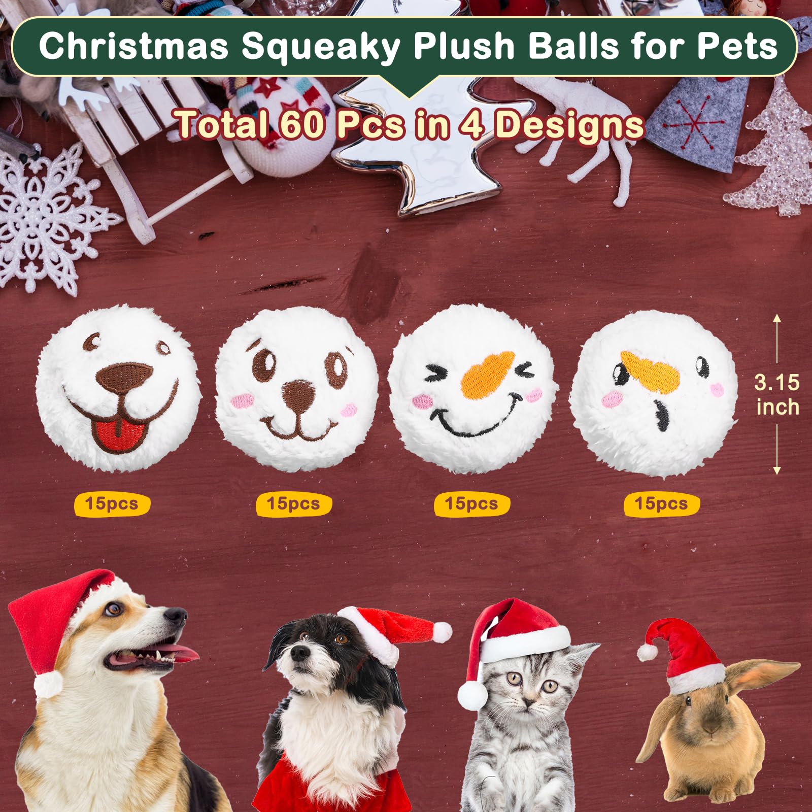 Auliand Christmas dog toy ball pack of 60 for festive variety