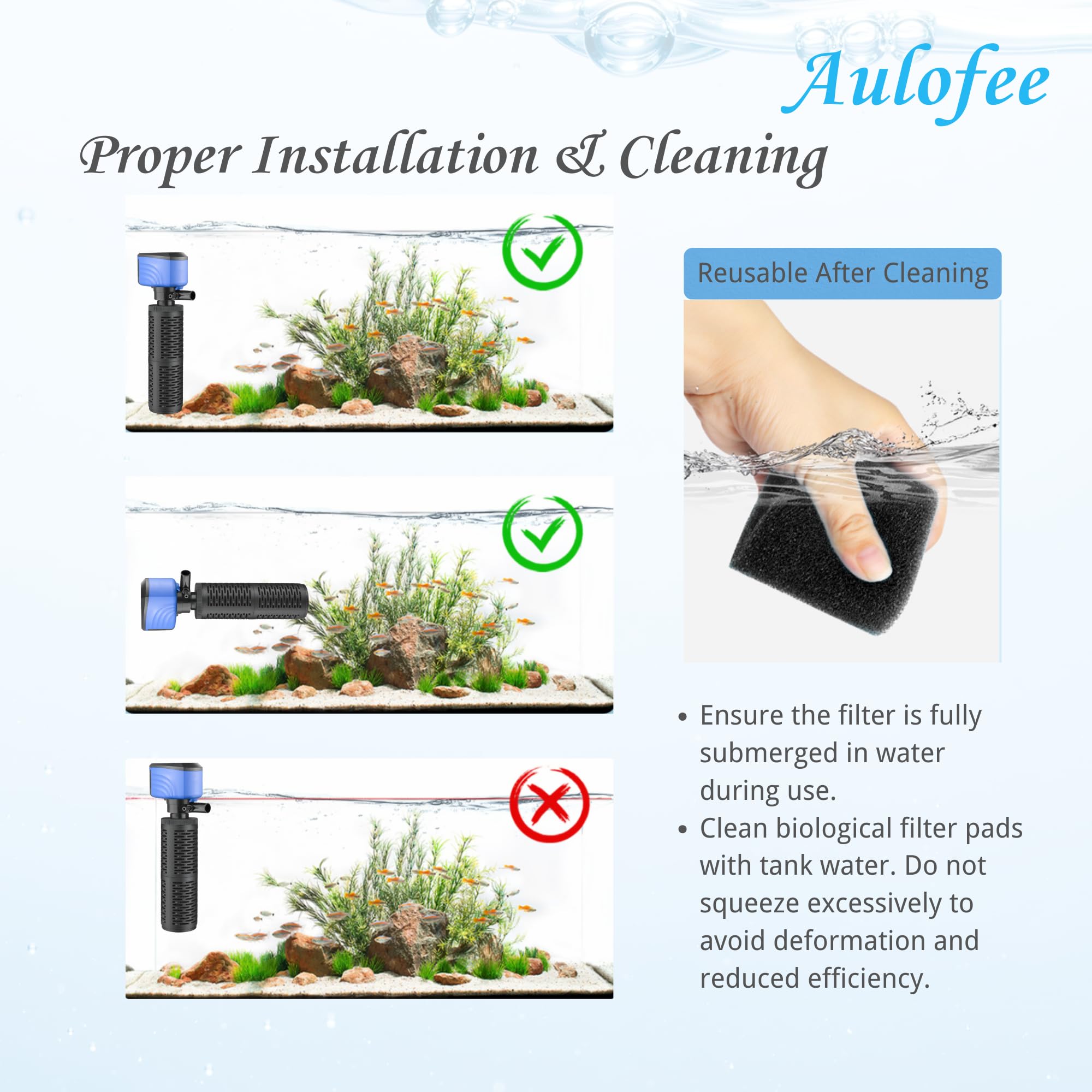 Aulofee filter different size options mounted in various tanks demonstrates versatility.