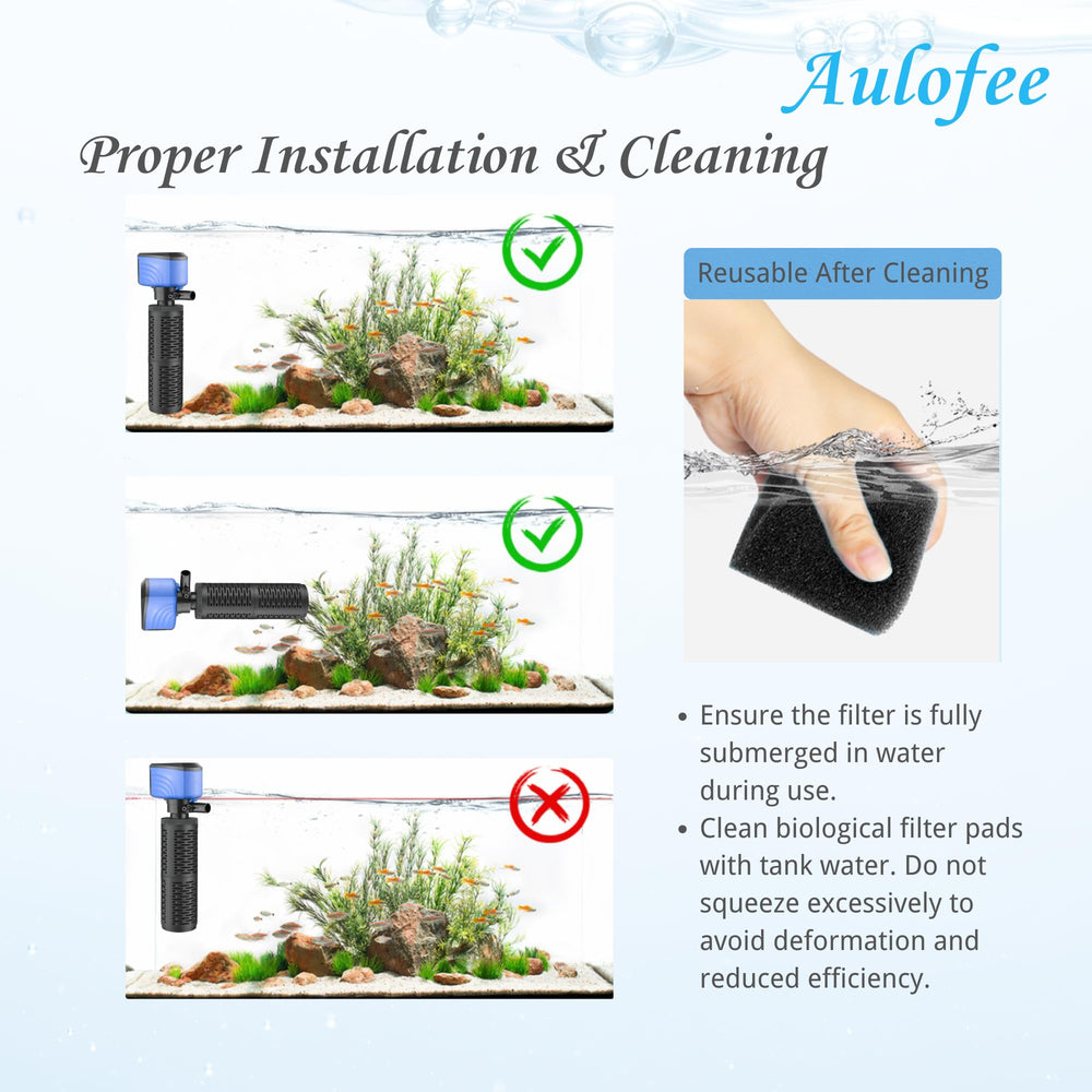 Aulofee filter different size options mounted in various tanks demonstrates versatility.