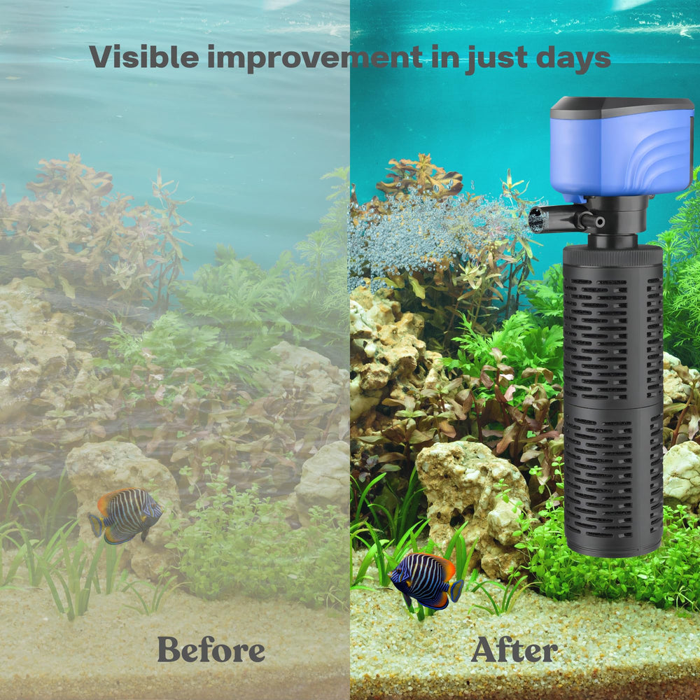 Aulofee filter bio-sponge close-up illustrates debris capture and clearer water.