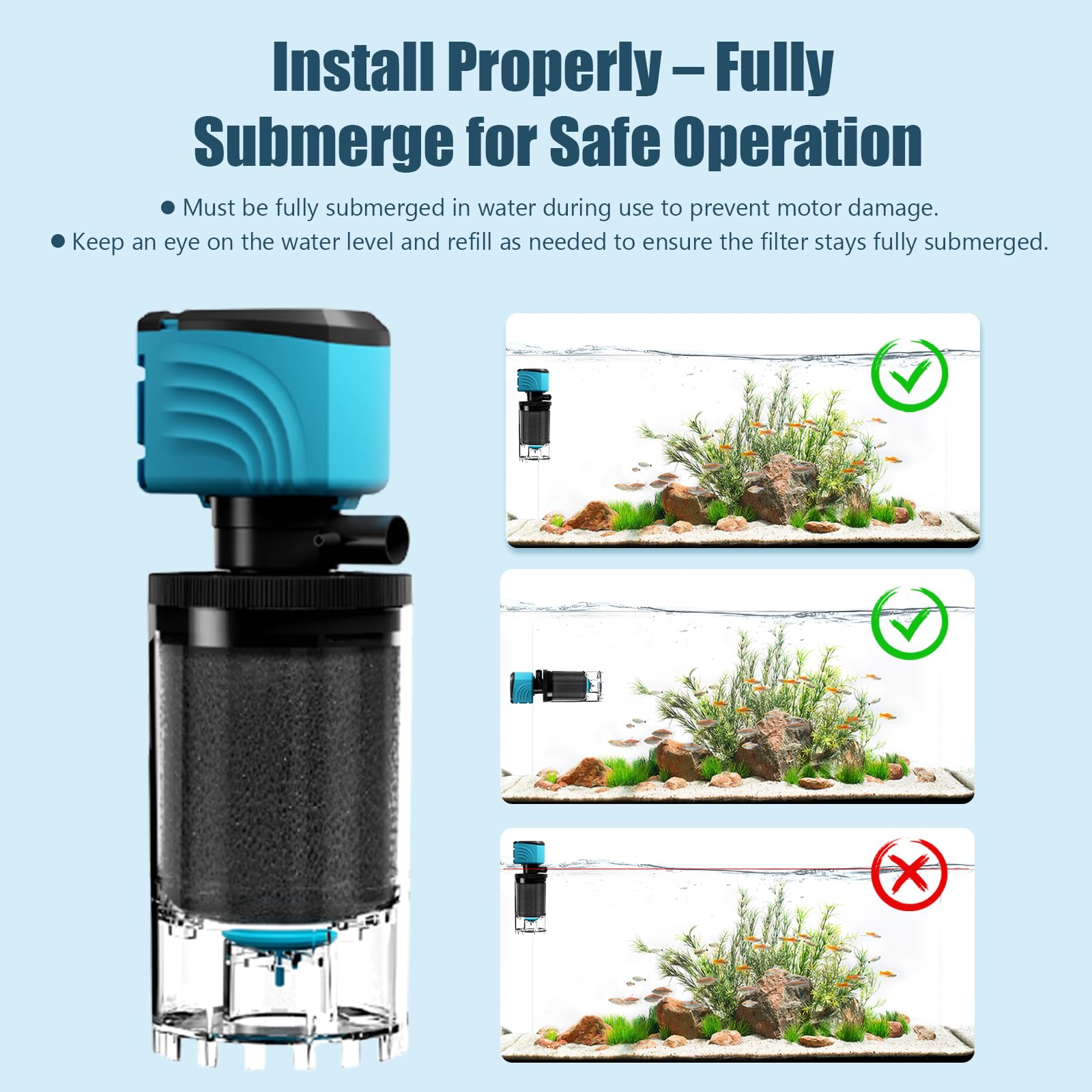 Aulofee internal filter dual valve control directs flow without stressing small fish.