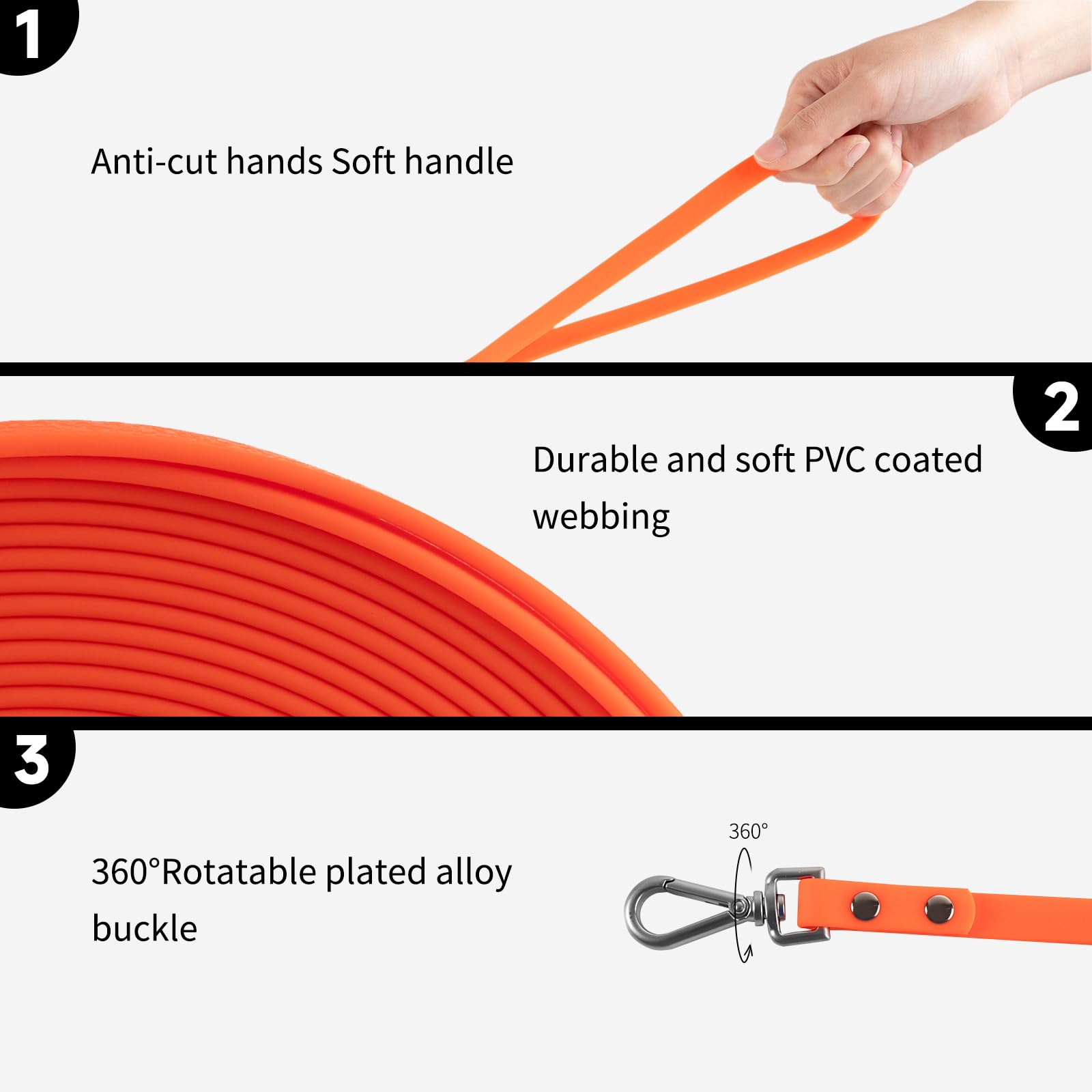 AUMAILI waterproof dog training long leash 20ft highlighting durable zinc alloy snap hook reliability