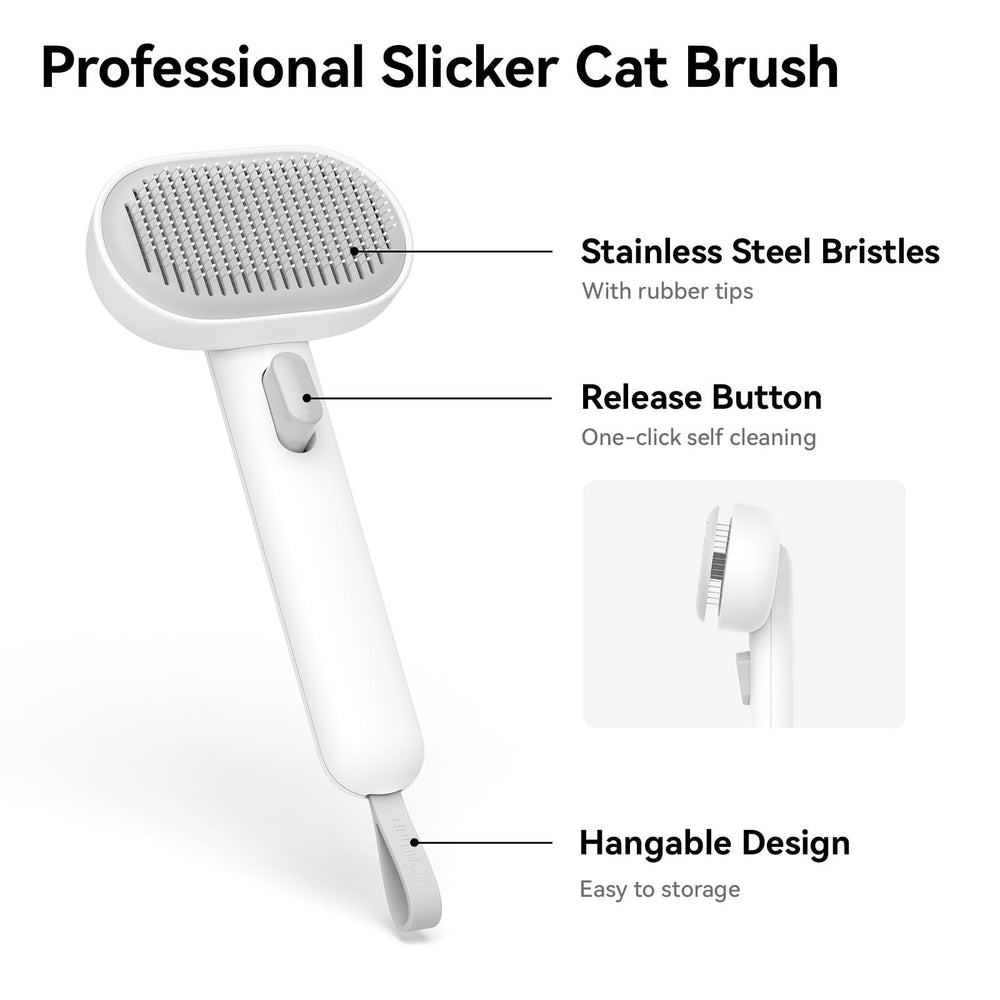 Aumuca cat brush massage needles closeup demonstrates skin-friendly massage during brushing.