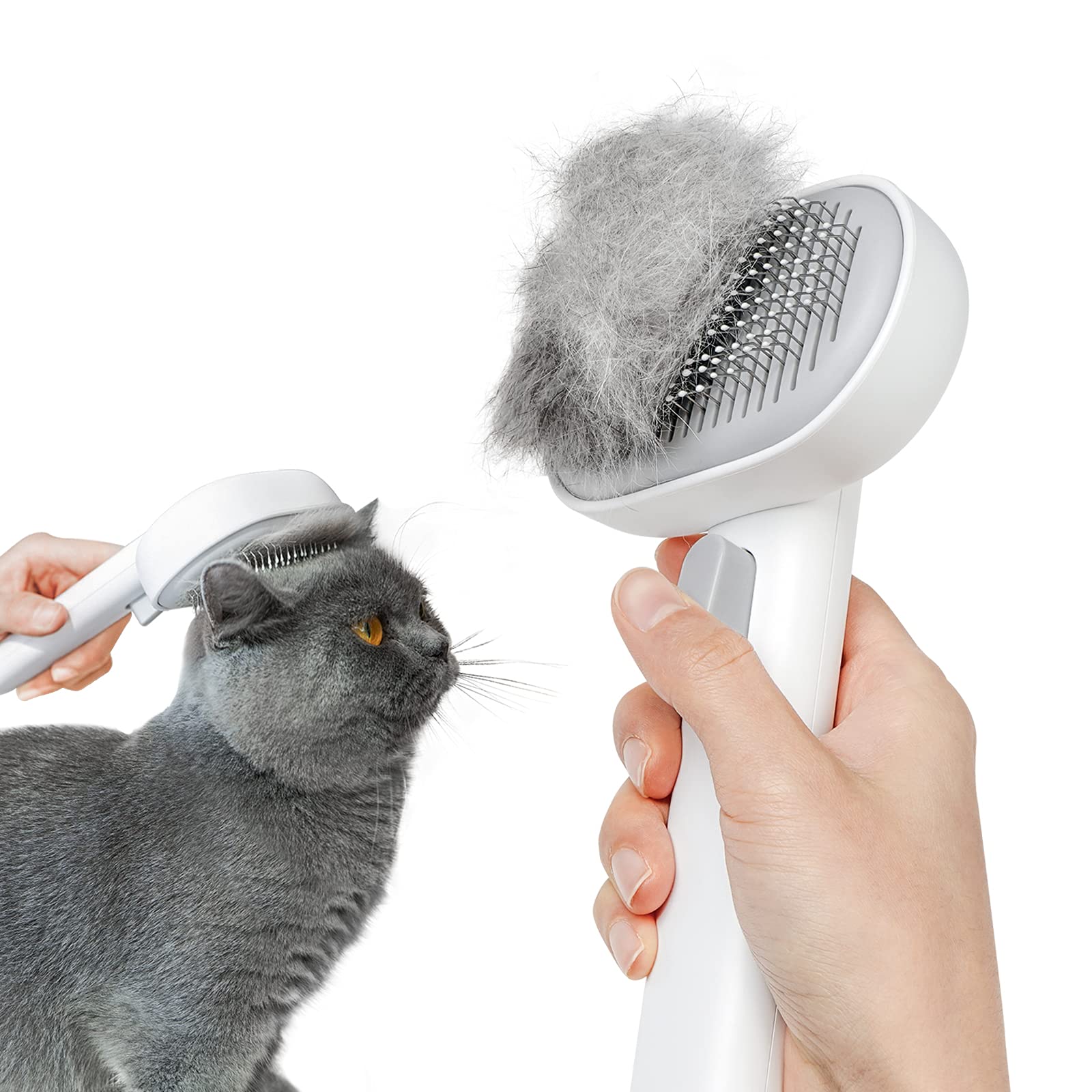 Aumuca cat brush release button closeup shows quick hair release after grooming.