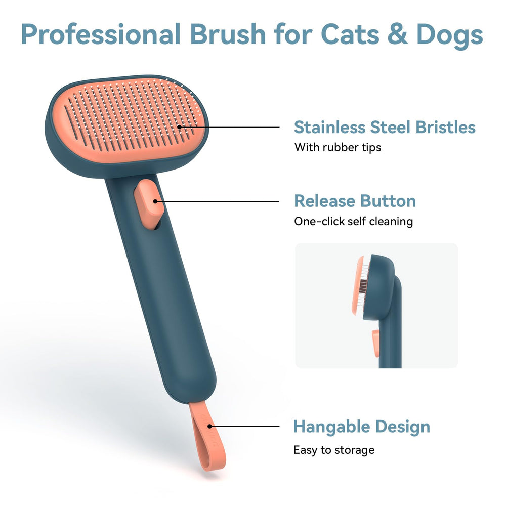 Aumuca self-cleaning brush highlighting durable stainless-steel bristles.