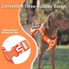 AUNZO orange tactical dog harness close-up showing easy-on neck buckle.