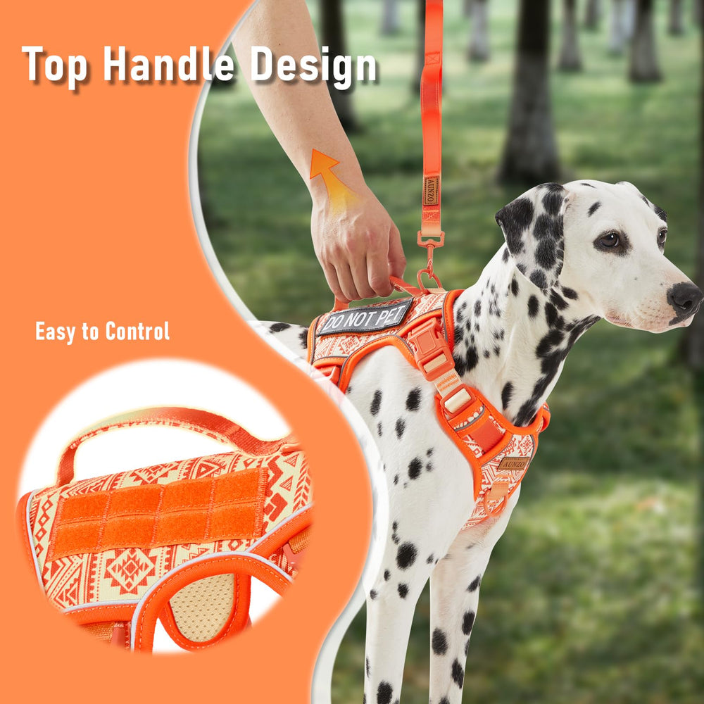 AUNZO orange tactical dog harness dual leash attachments for training versatility.