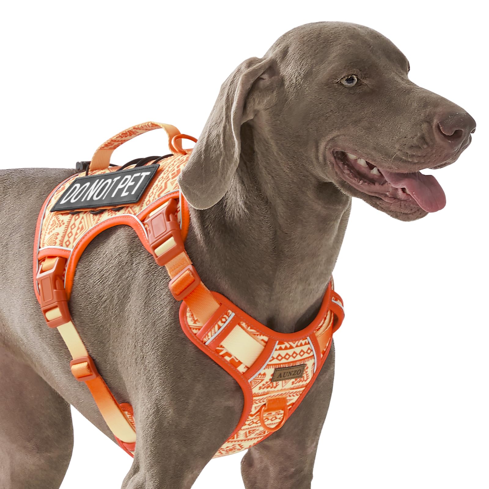 AUNZO orange tactical dog harness front view for large breeds with no-pull control.