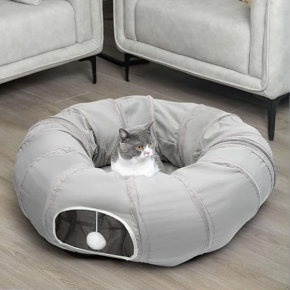 AUOON cat play tunnel round bed combo provides rest after play sessions.