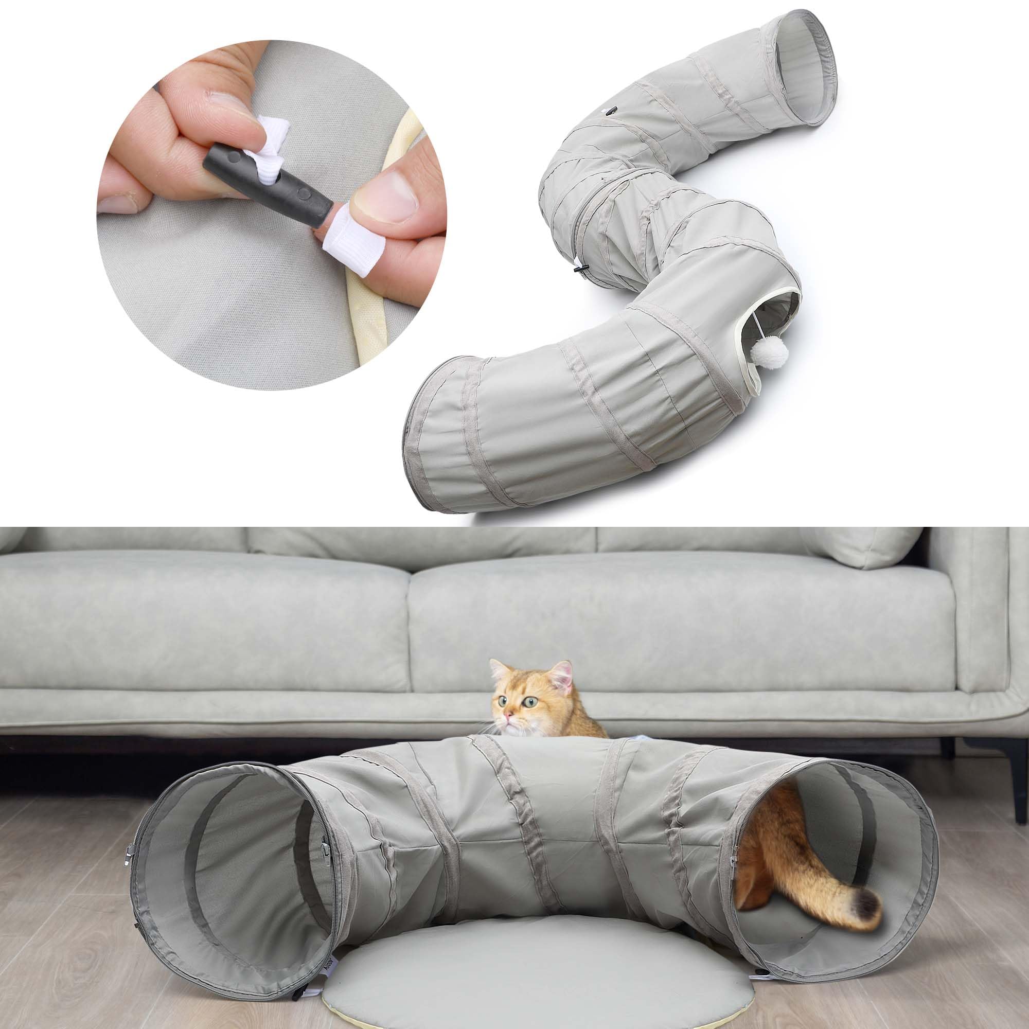 AUOON cat tunnel in soft light grey fabric for indoor comfort.