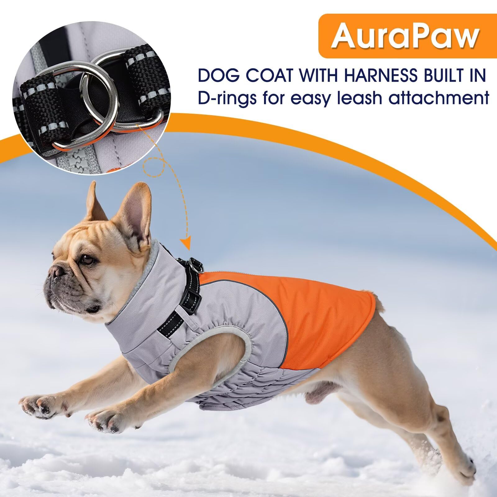 AuraPaw zip-front coat offers easy on/off and flexible fit.