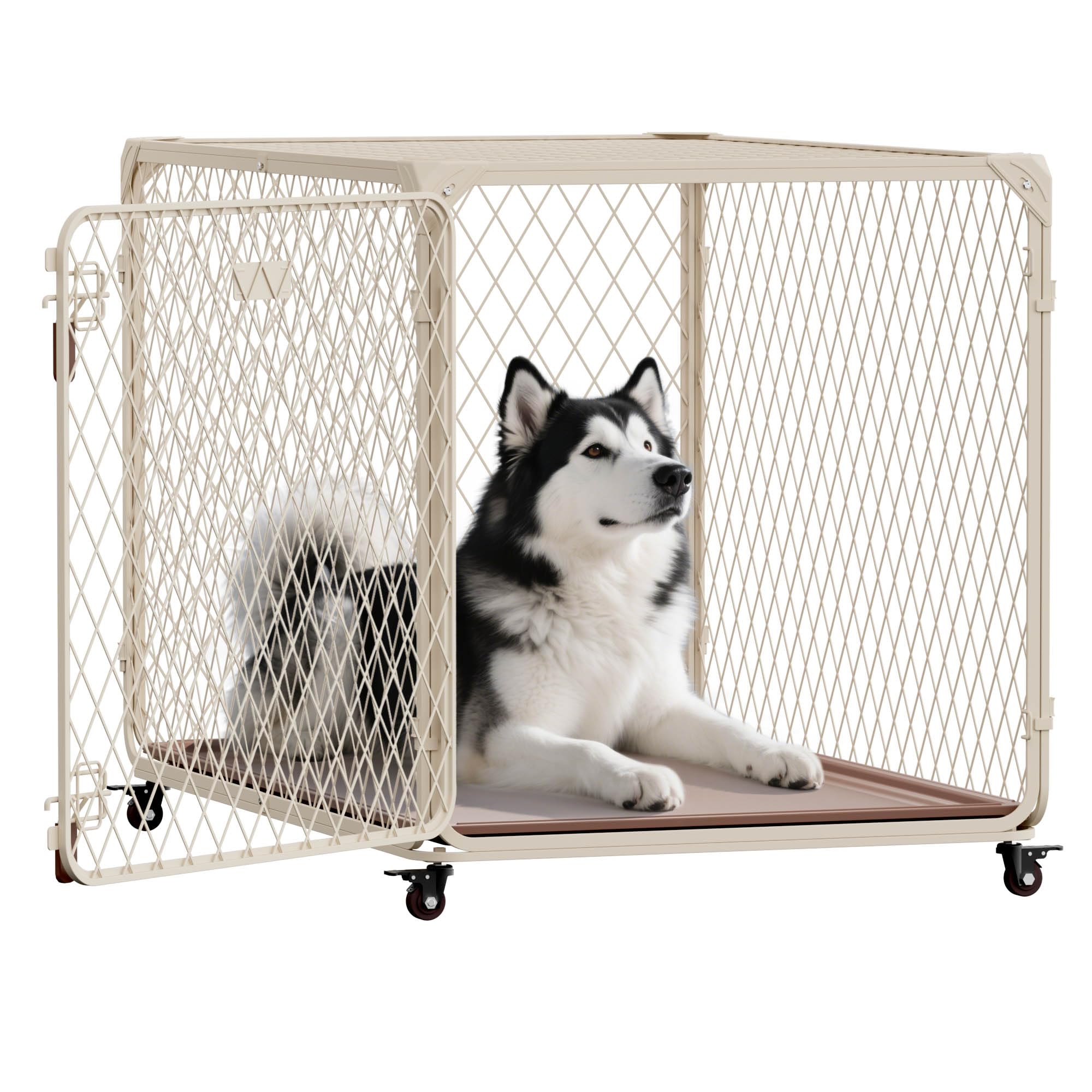 Aurapaws 42-inch diamond mesh crate assembly showcases quick setup and secure confinement.