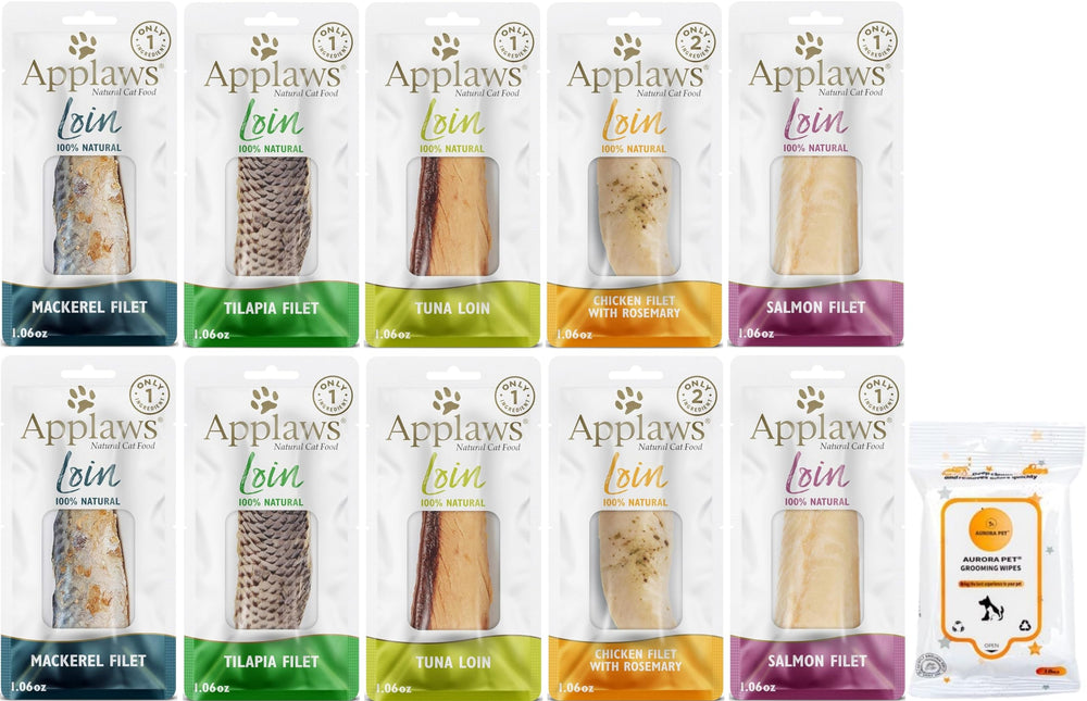 Aurora Pet variation pack Applaws loin treats mackerel pouches for protein-rich snacking.
