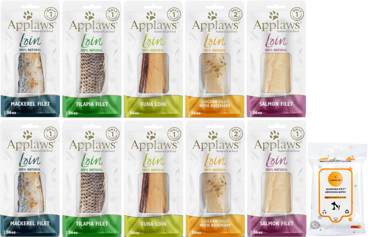 Aurora Pet variation pack Applaws loin treats mackerel pouches for protein-rich snacking.