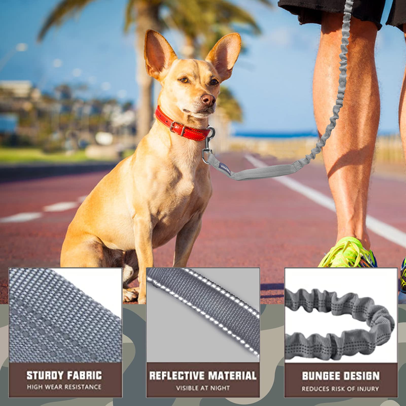 AUROTH dog leash bungee shock-absorption reduces pulling for comfortable runs.