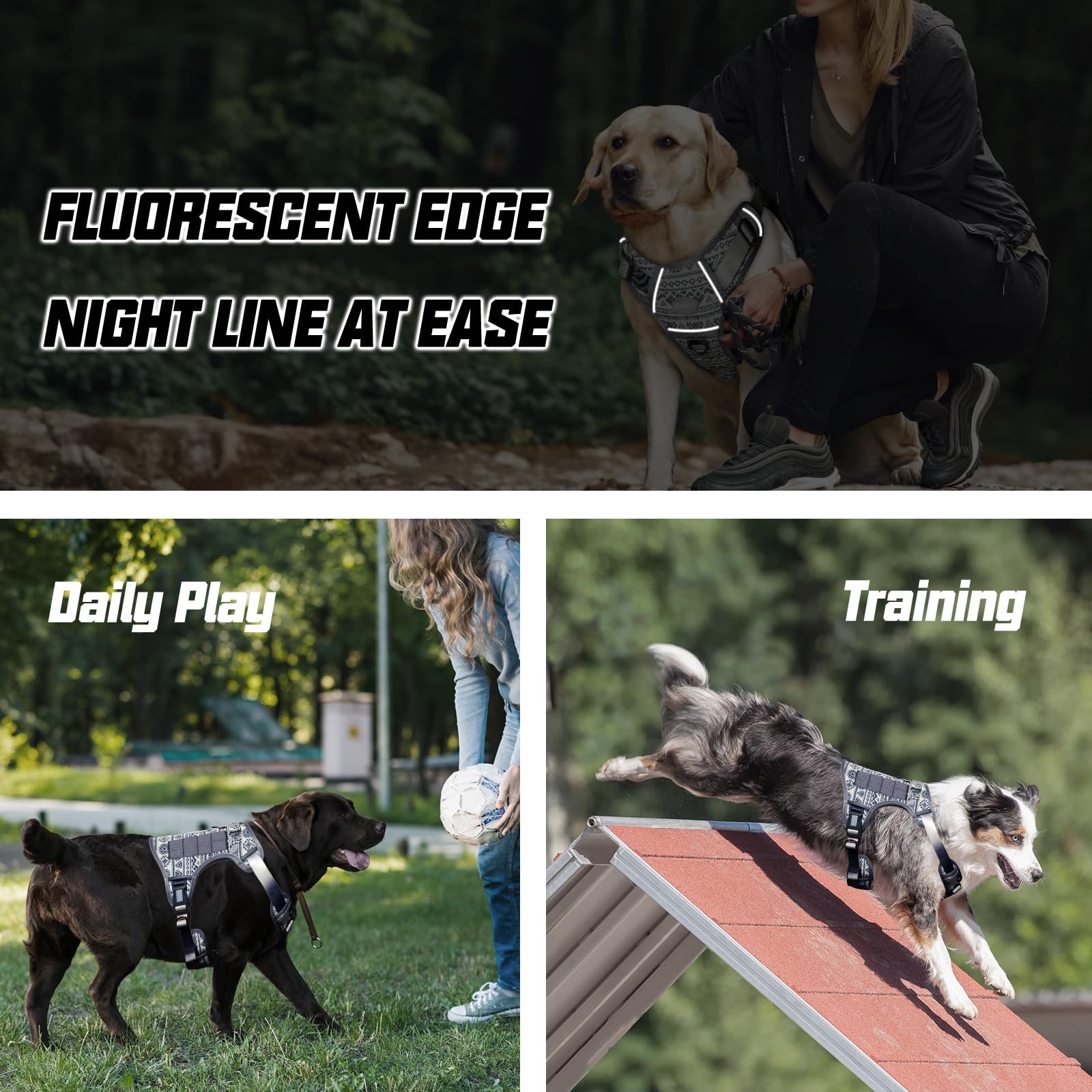 Auroth Tactical Dog Harness adjustable fit across four sizes for secure, comfortable wear.