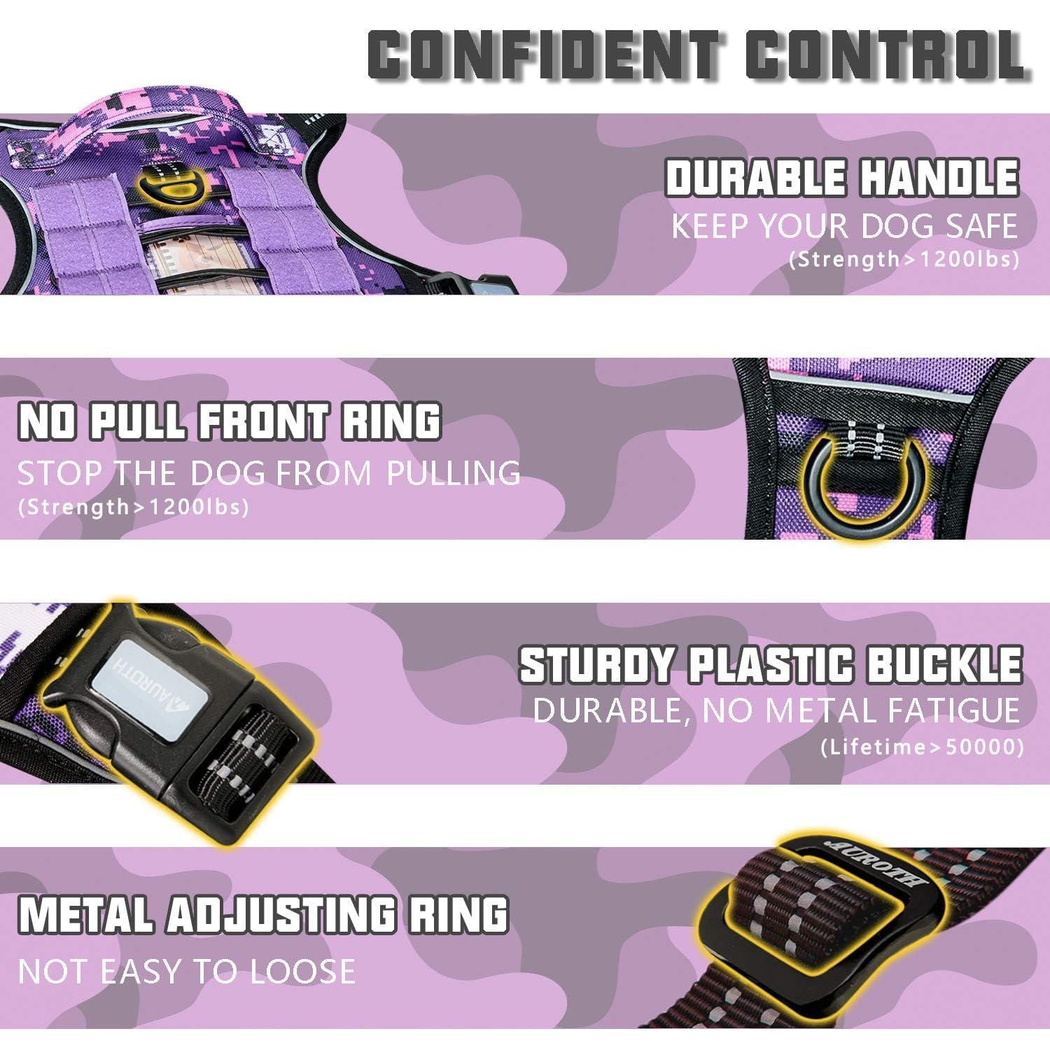 AUROTH Tactical Dog Harness back view highlights adjustable straps for a snug fit.