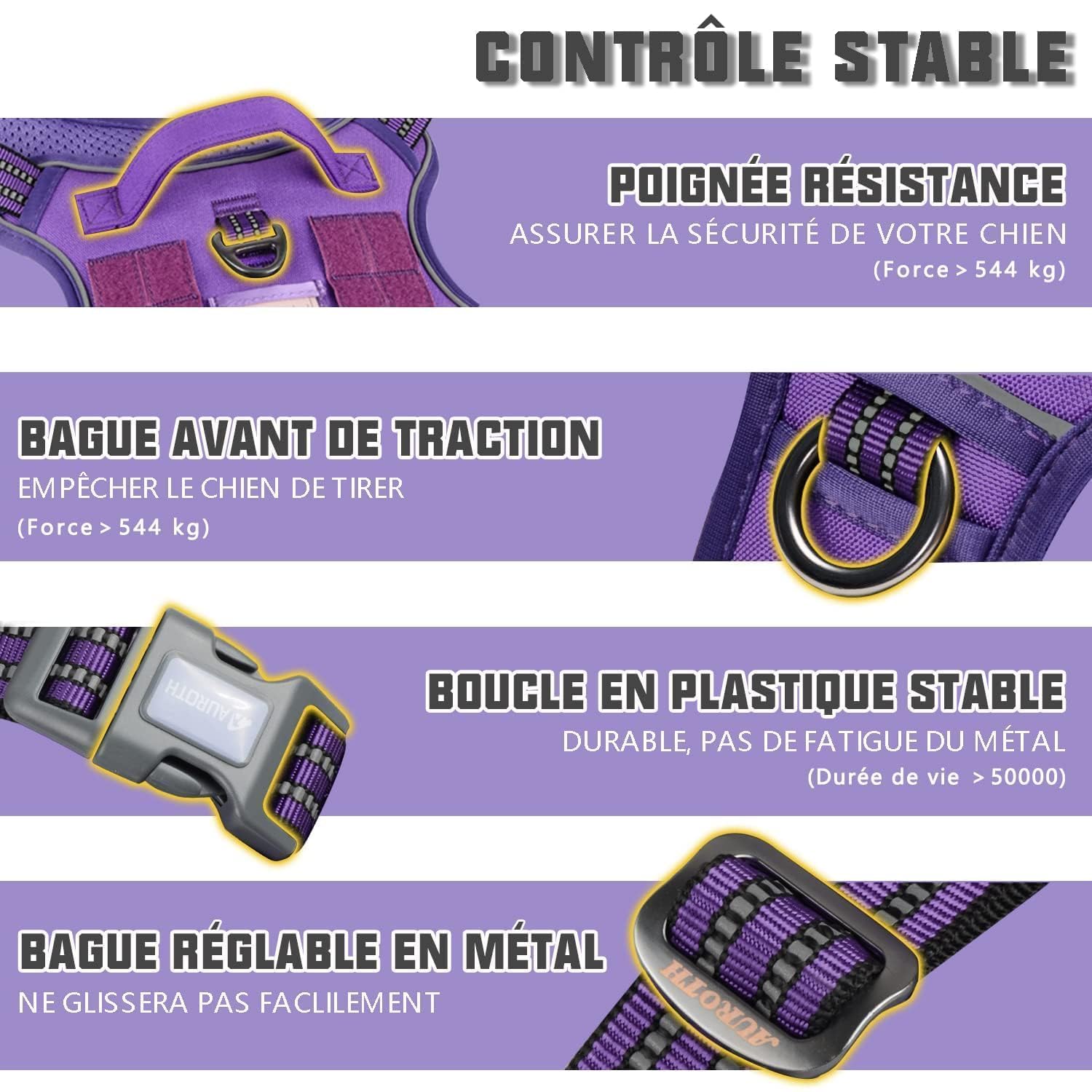 AUROTH Tactical Dog Harness Purple front leash-attachment demonstrates no-pull control during walks.