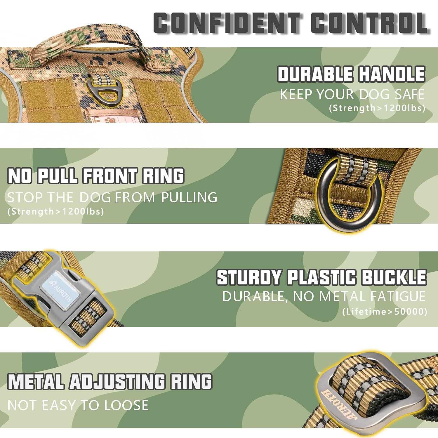AUROTH tactical harness woodland camo with Molle patches for gear.