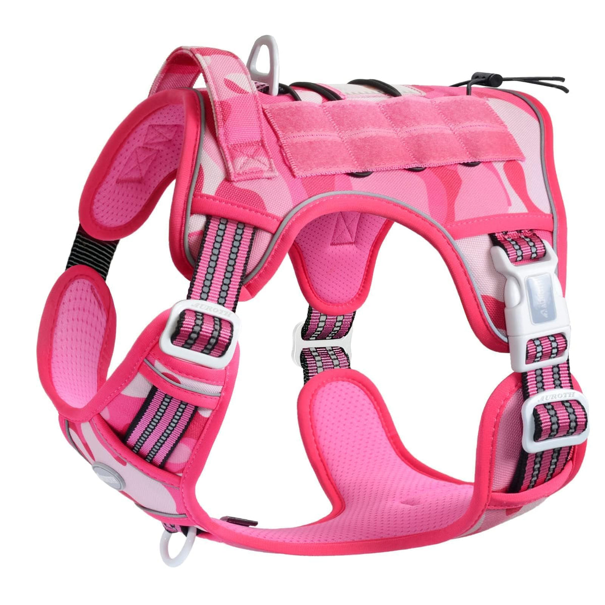 AUROTH Tactical Dog Harness pink camo front view for secure, comfortable walks.
