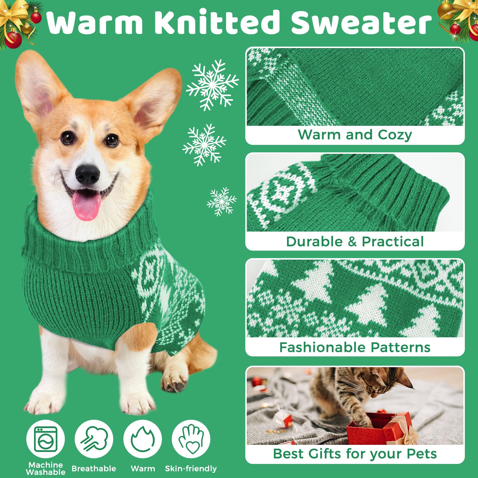 AURUZA Christmas dog sweater green turtleneck closeup showing soft acrylic knit