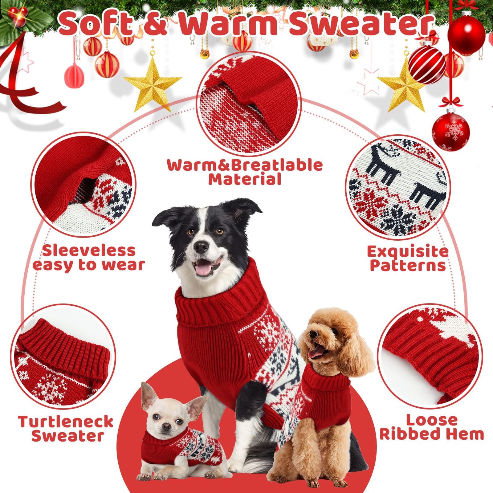 AURUZA Christmas dog sweater with turtleneck knit offers cozy warmth and easy on/off.