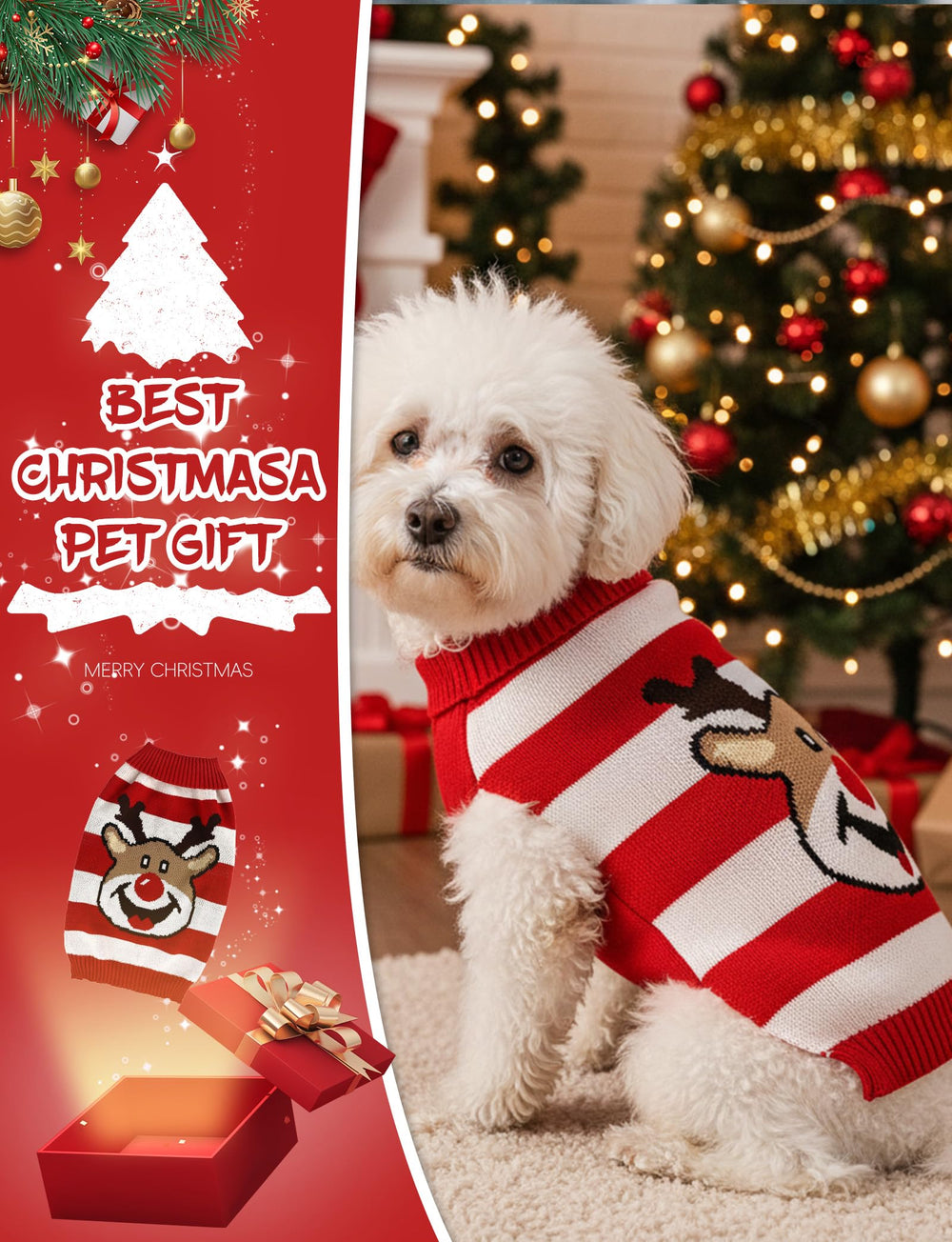 AURUZA dog Christmas sweater back view with festive pattern for holiday photos