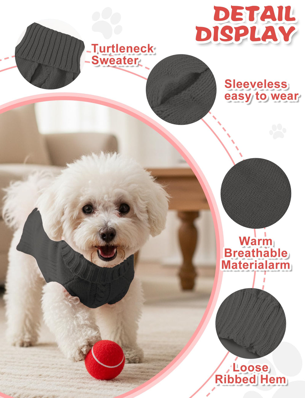 AURUZA dog sweater knit close-up shows soft, skin-friendly fleece texture