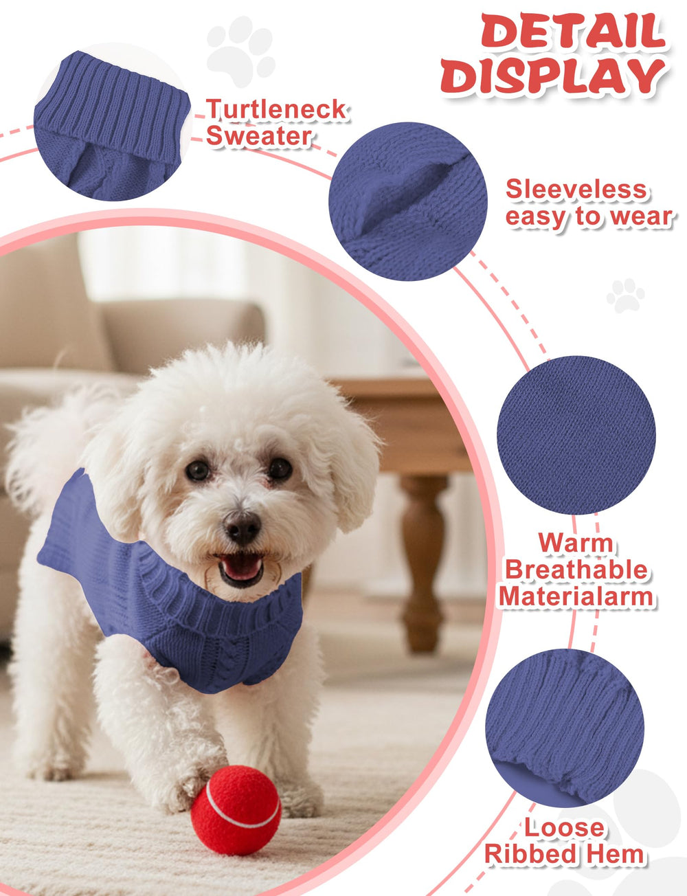 AURUZA dog sweater sleeveless turtleneck supports easy on/off and neck warmth.