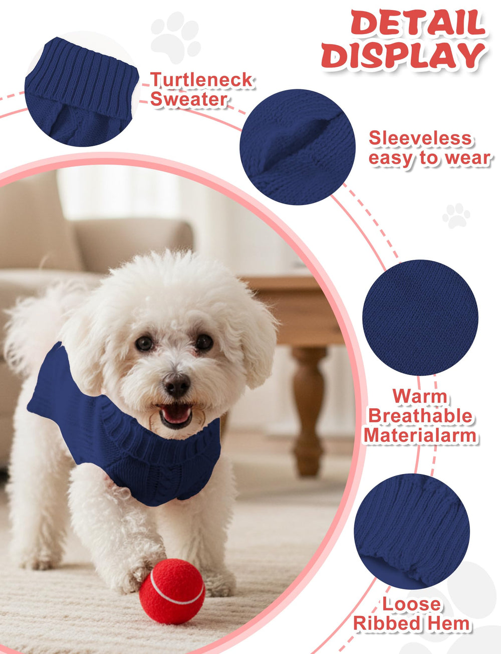 AURUZA dog sweater with turtleneck design provides snug neck coverage during cold weather.