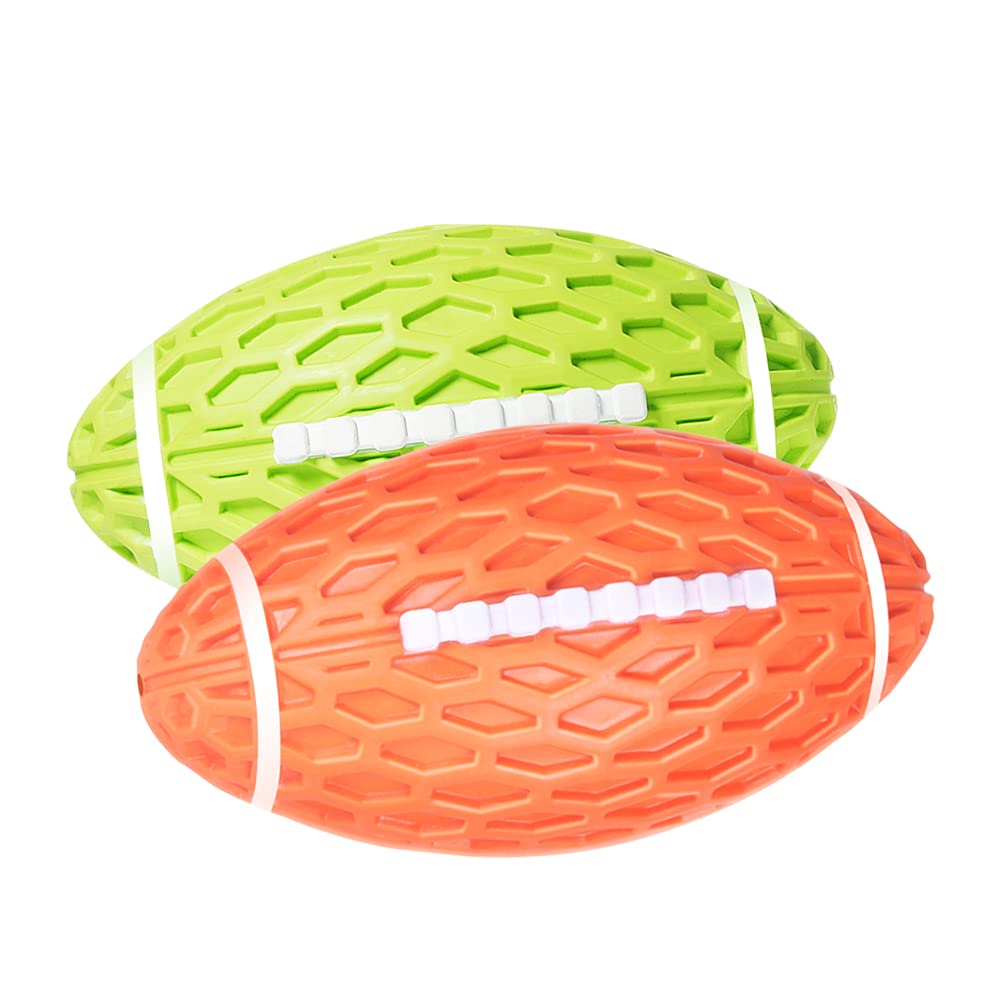 AUSCAT 2PCS squeaky football toy front view in green and orange ideal for fetch.
