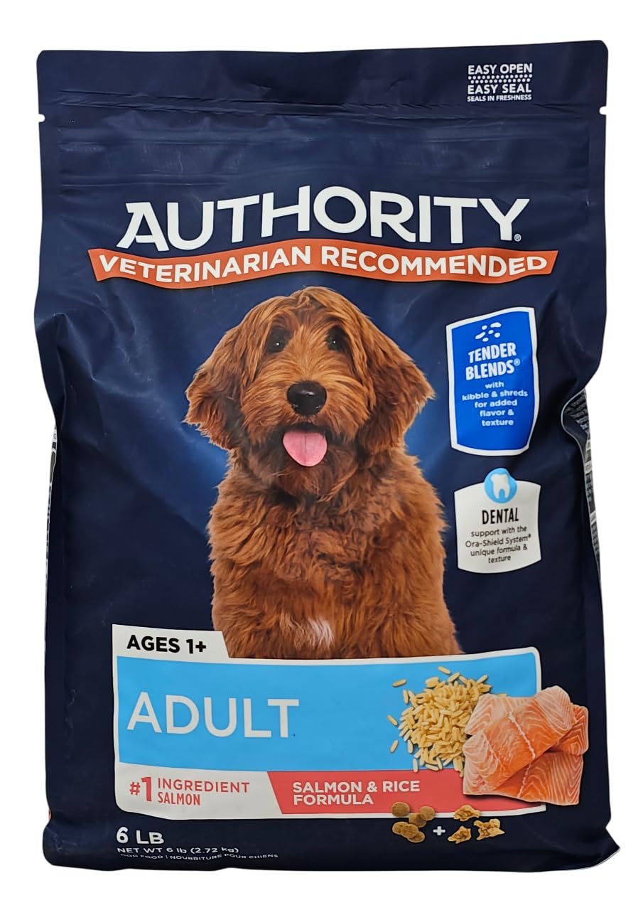 Authority adult salmon and rice tender blends dry dog food bag showing kibble and shreds for variety