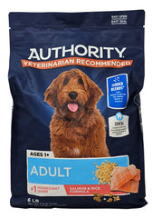 Authority adult salmon and rice tender blends dry dog food bag showing kibble and shreds for variety
