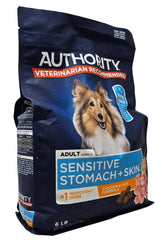 Authority chicken-first ingredient kibble close-up highlights dog-friendly nutrition.