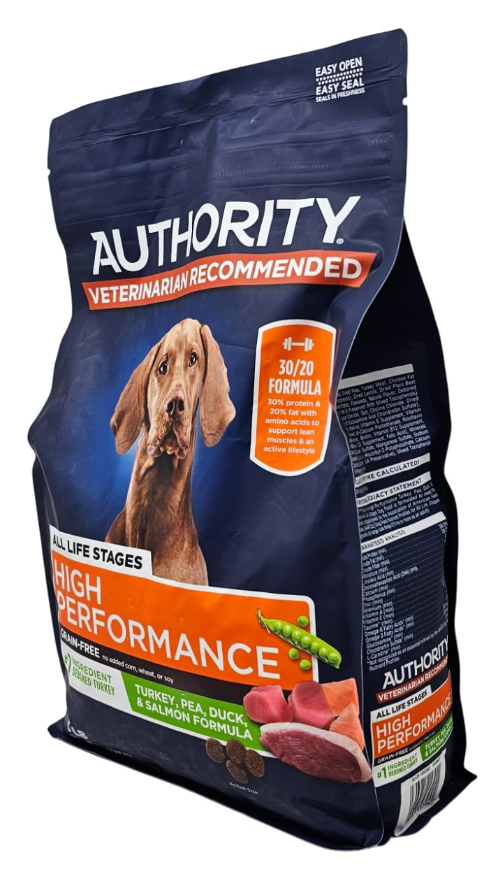 Authority High Performance side-label highlights 30/20 ratio and deboned turkey