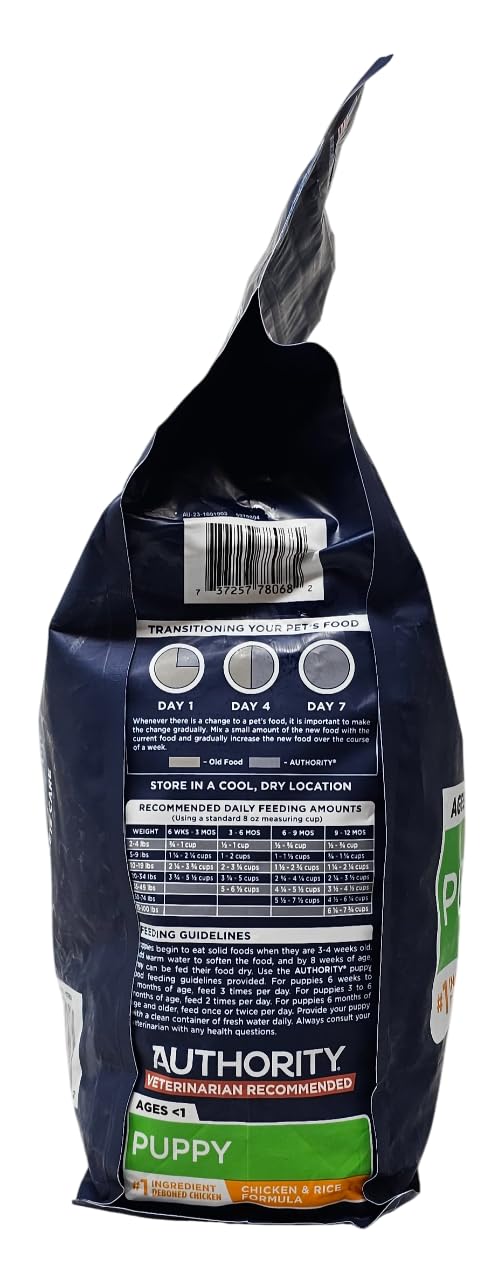 Authority Puppy Chicken and Rice deboned chicken first-ingredient image highlights high-protein start for puppies.