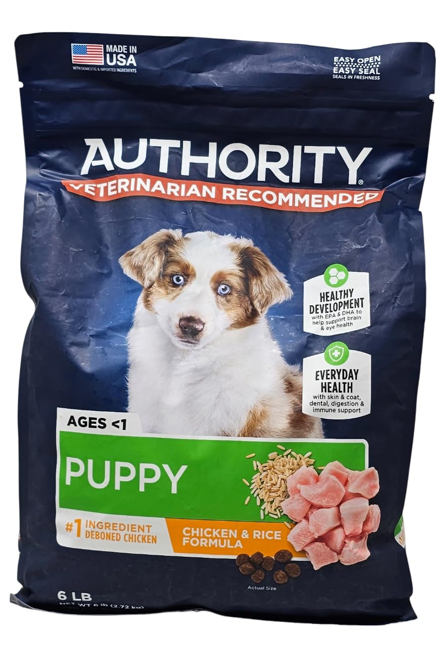 Authority Puppy Chicken and Rice dry dog food bag—premium puppy nutrition for growing dogs.