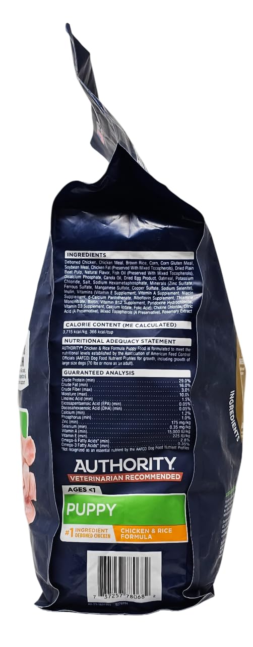 Authority Puppy Chicken and Rice no artificial colors or preservatives image signals clean ingredients for pups.