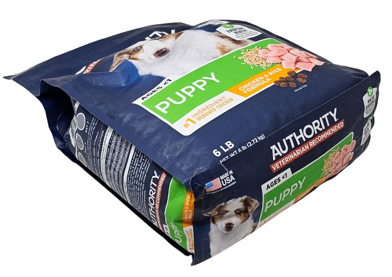 Authority Puppy Chicken and Rice bag-closeup image highlights convenience of a 6-pound bag for busy owners.