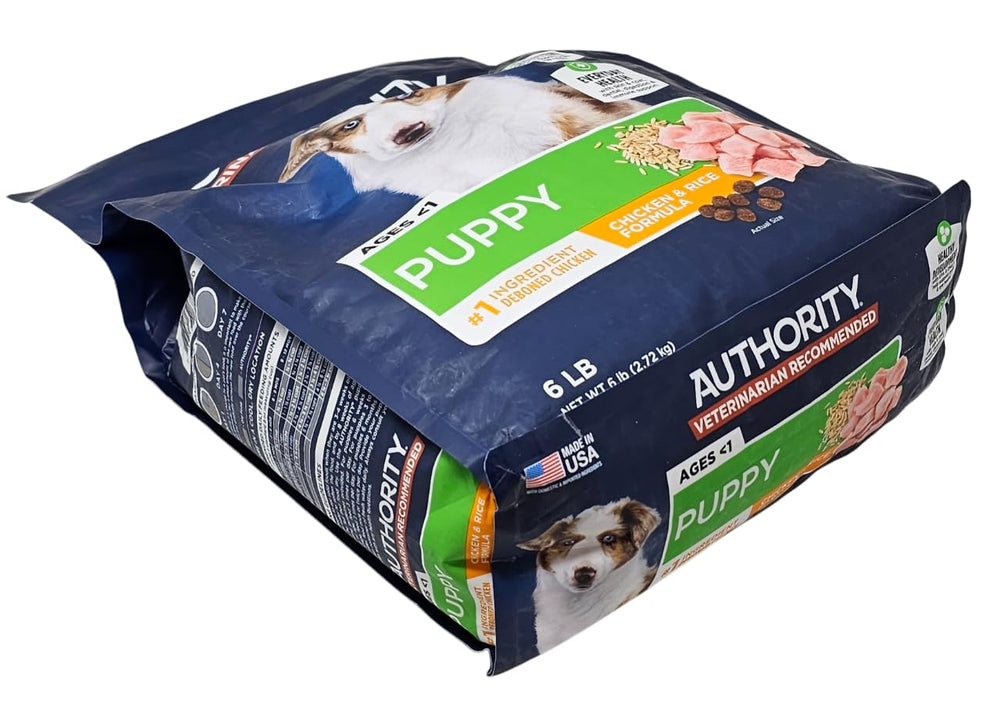 Authority Puppy Chicken and Rice bag-closeup image highlights convenience of a 6-pound bag for busy owners.