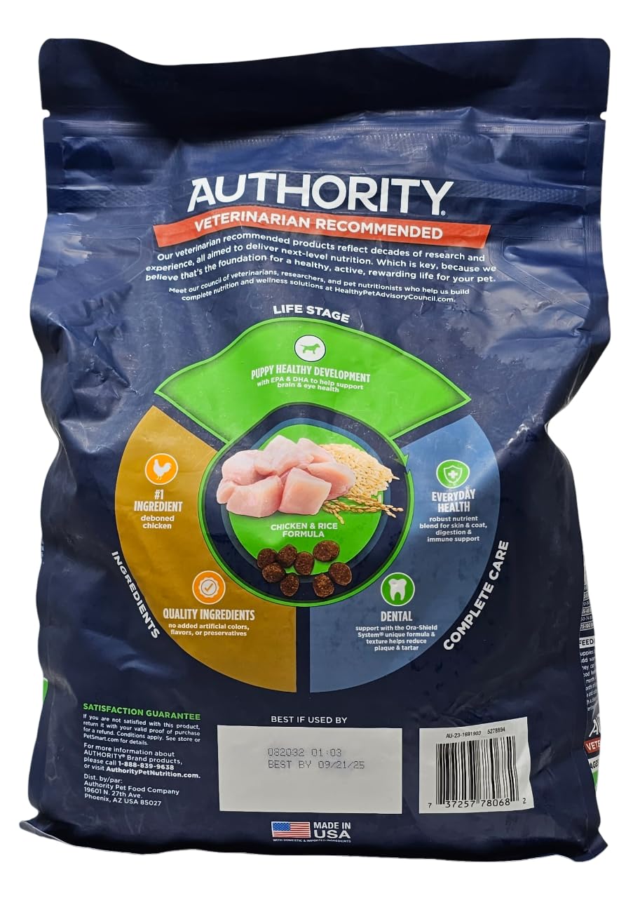 Authority Puppy Chicken and Rice serving chart image shows feeding guidance for puppies by age and weight.