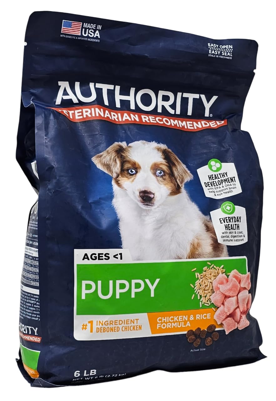 Authority Puppy Chicken and Rice USA-made image emphasizes domestic production and quality control.