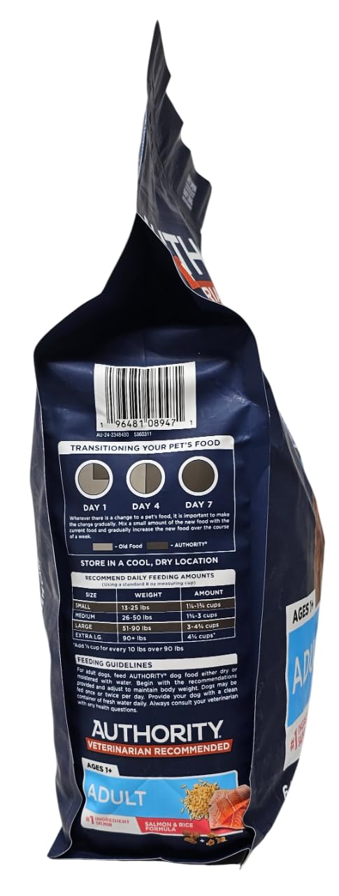 Authority salmon-first ingredient dry dog food communicates quality and protein focus