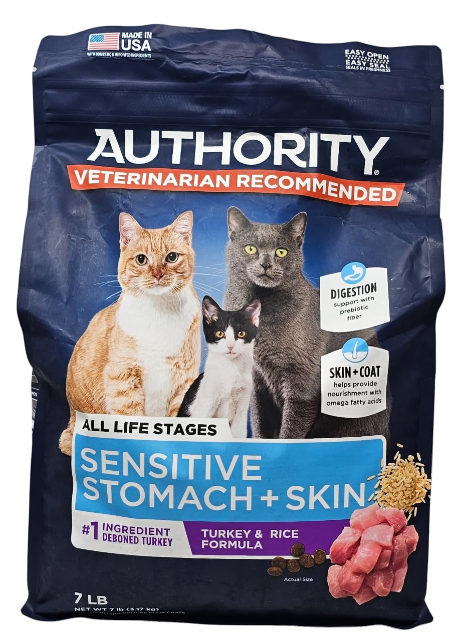 Authority sensitive stomach and skin dry cat food with turkey and rice, shown in a resealable bag.