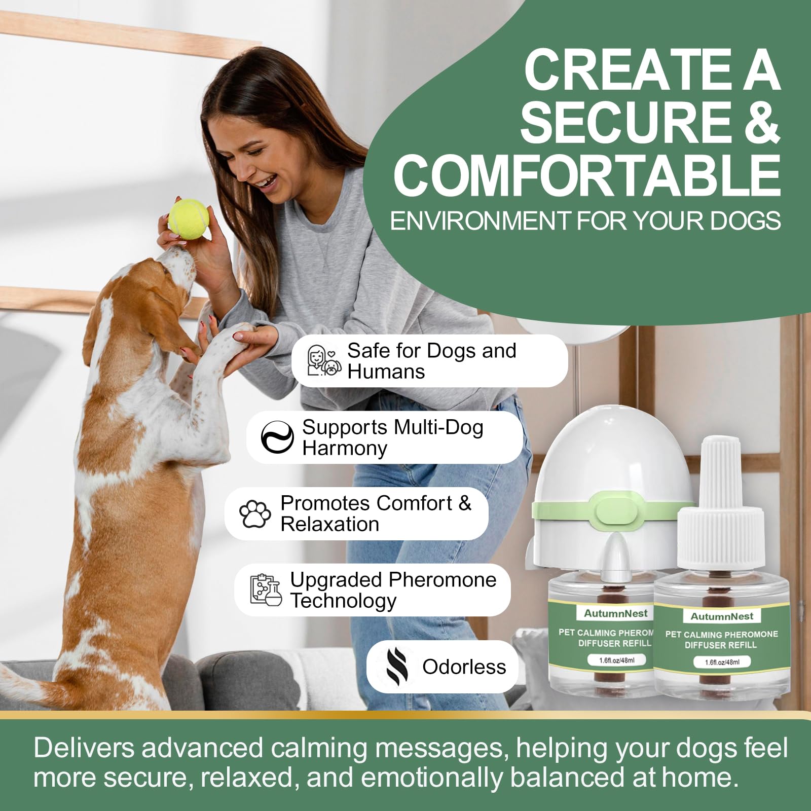 AutumnNest diffusion covers up to 700sqft, soothing large spaces for pets.