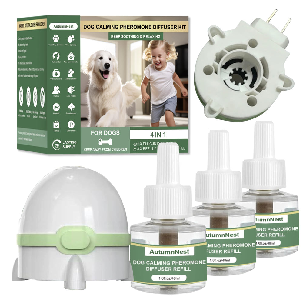 AutumnNest dog calming diffuser plugged in, helping keep quiet and relaxed in the living room.