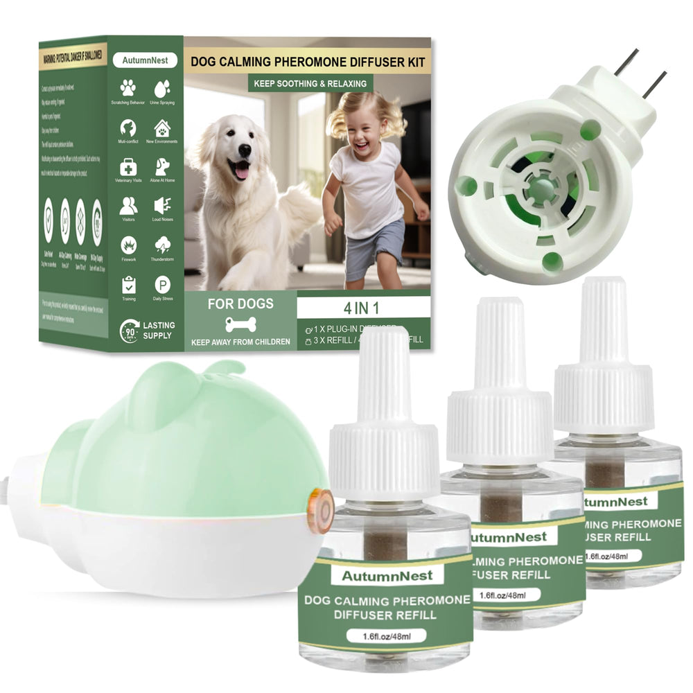 AutumnNest dog calming diffuser plug-in shown in action for at-home stress relief.