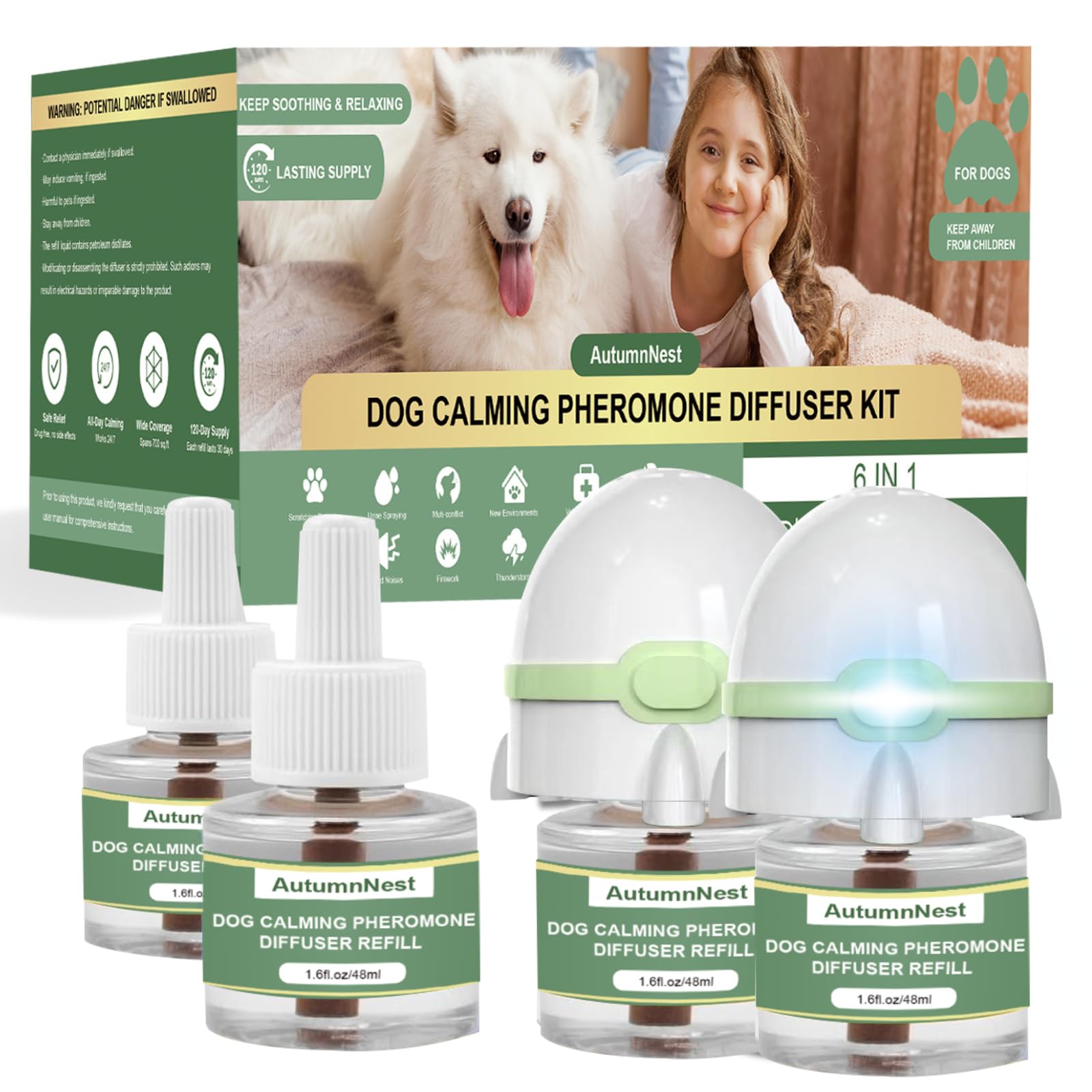AutumnNest dog diffuser packaging highlights safe, non-toxic design for calm homes.